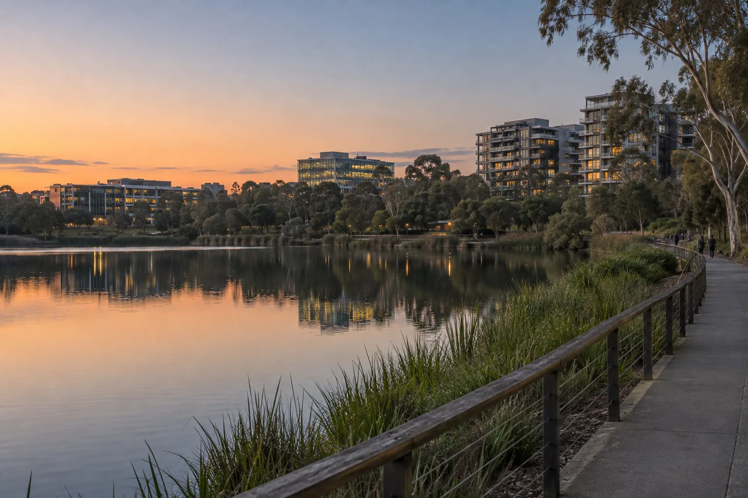 The foreshore of Norwest Lake in New South Wales at dusk, with apartment buildings behind the trees