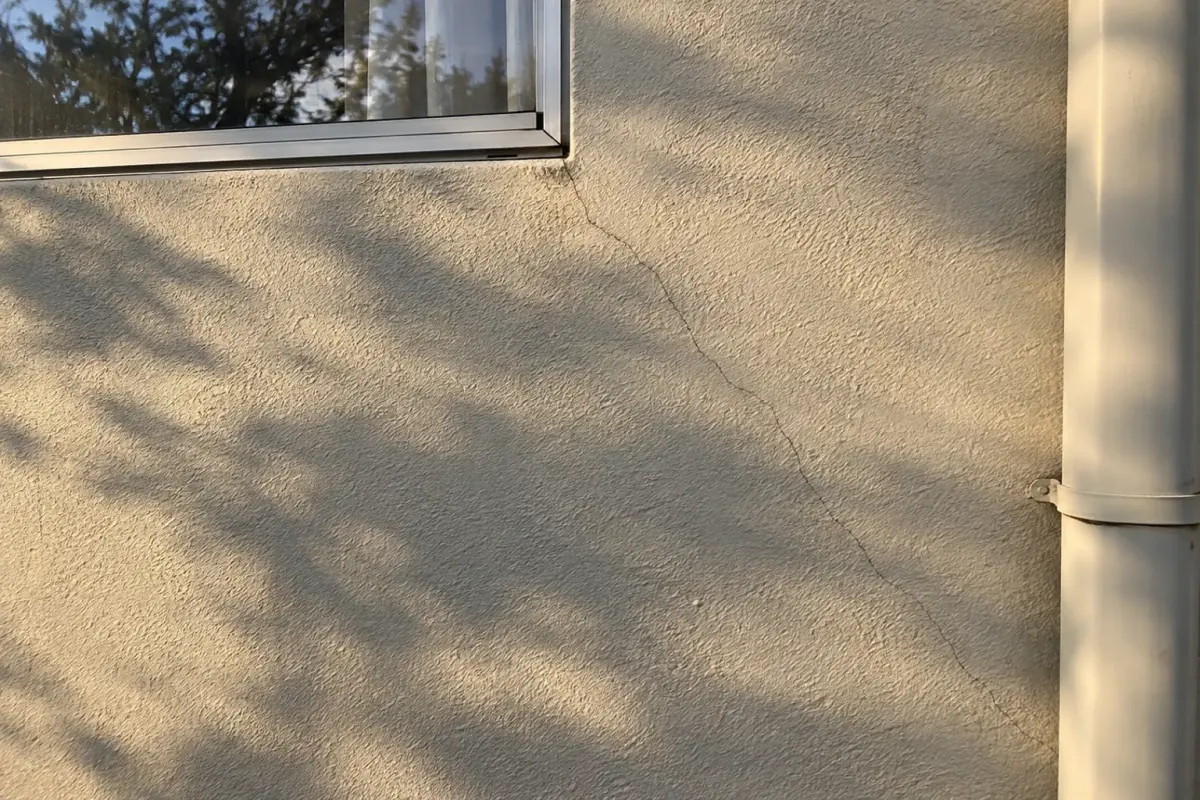 Hairline crack running diagonally from a window corner across cream render