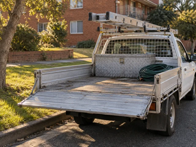 A tradie's ute with a ladder at the kerb