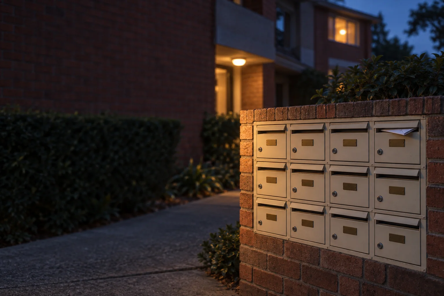 A bank of twelve letterboxes by a building's entry at dusk