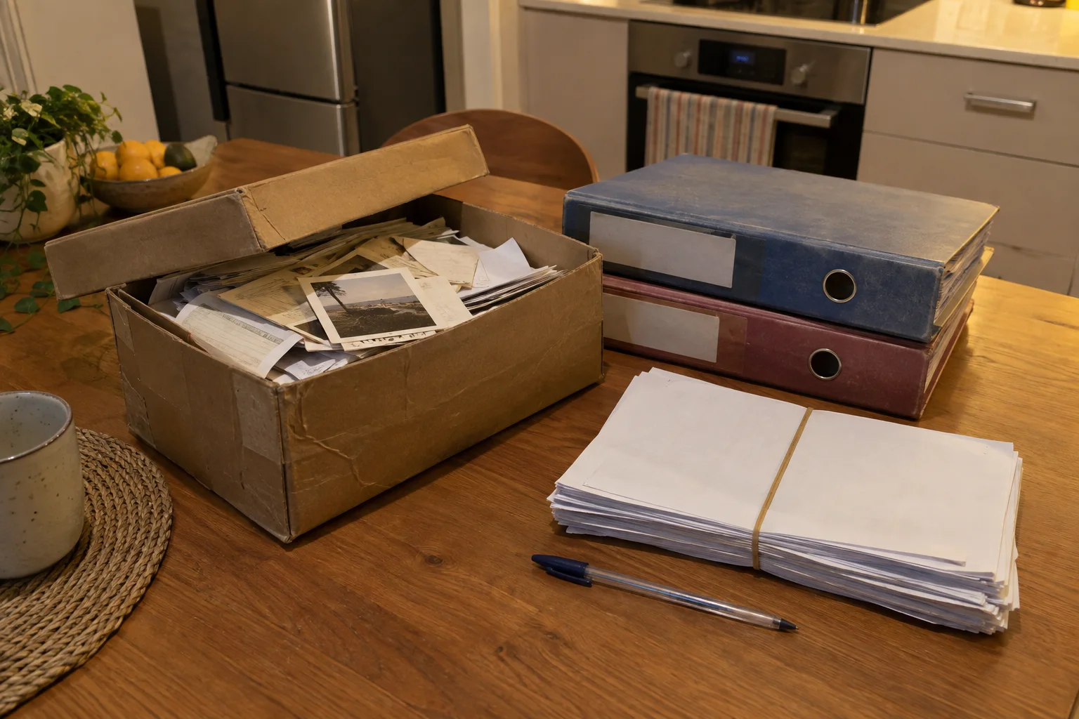 A shoebox of strata papers, folders and quotes on a kitchen table